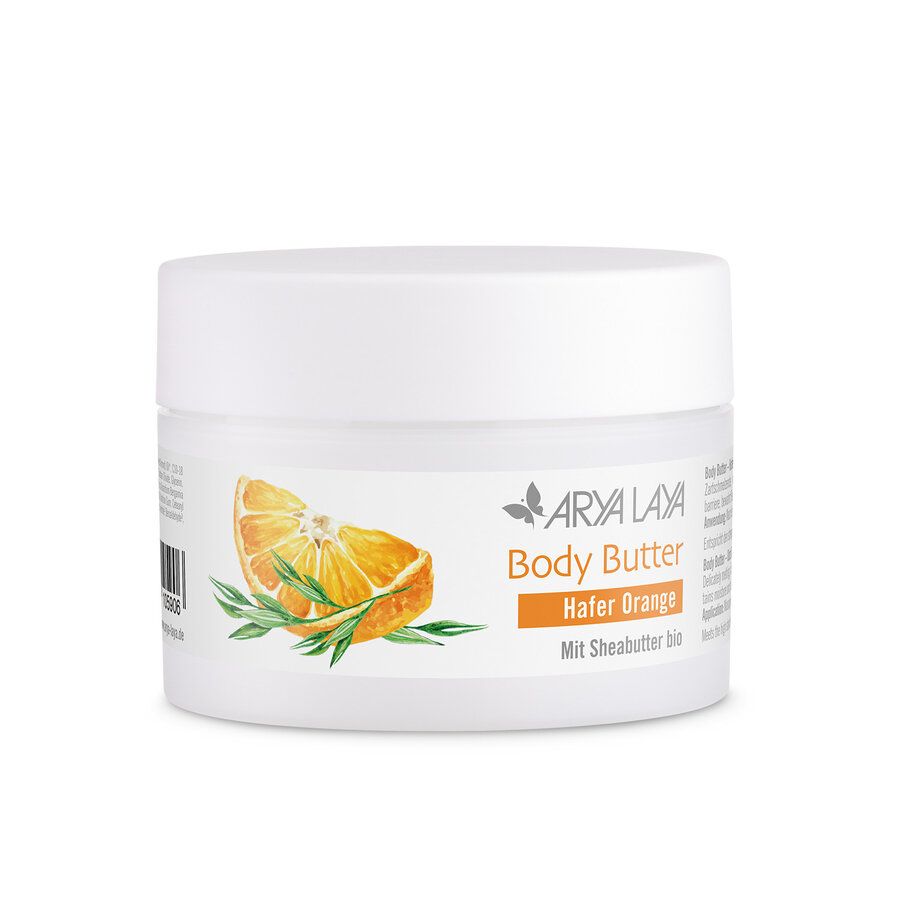 Weißer Tiegel mit Deckel. Aufkleber mit Orangen-Illustration und Schriftzug: Body Butter Hafer Orange. Mit Sheabutter bio.