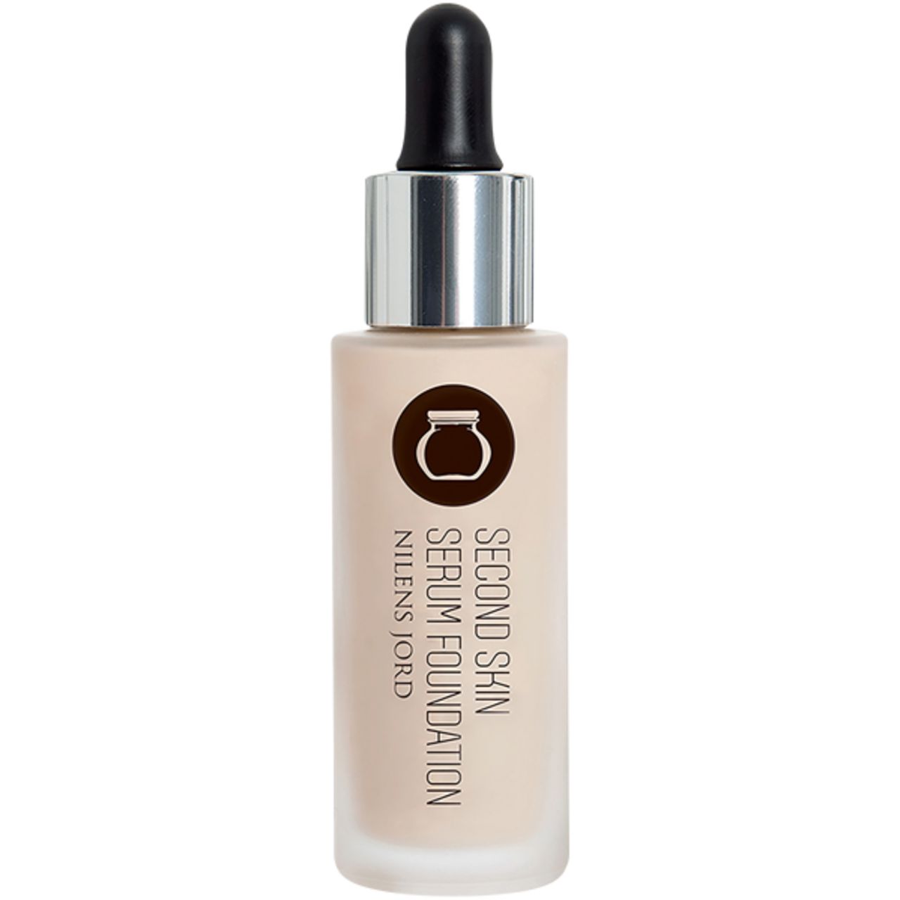 Serum Foundation Flasche mit Pipette. Aufschrift: Nilens Jord Second Skin Serum Foundation.