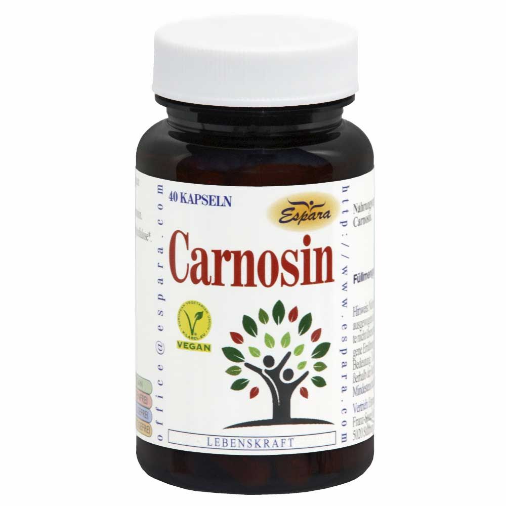 Braune Flasche mit weißen Deckel. Aufschrift: Carnosin, Espara, 40 Kapseln, Vegan-Siegel. Baum-Logo mit Menschen.