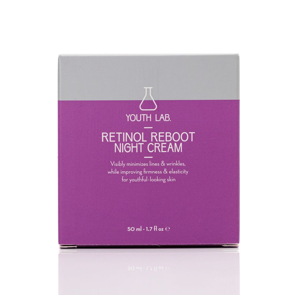 Verpackung mit Aufschrift: YOUTH LAB. RETINOL REBOOT NIGHT CREAM. Text: Minimiert Linien & Falten, verbessert die Hautelastizität. 50 ml.