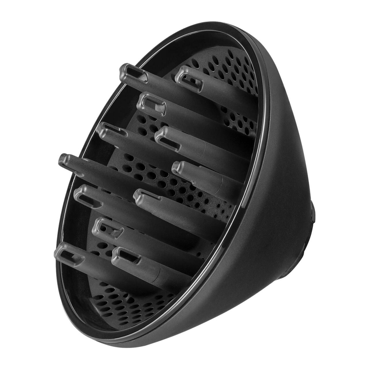 Schwarzer Diffusor-Aufsatz für einen Haartrockner. Mit Löchern und Noppen.