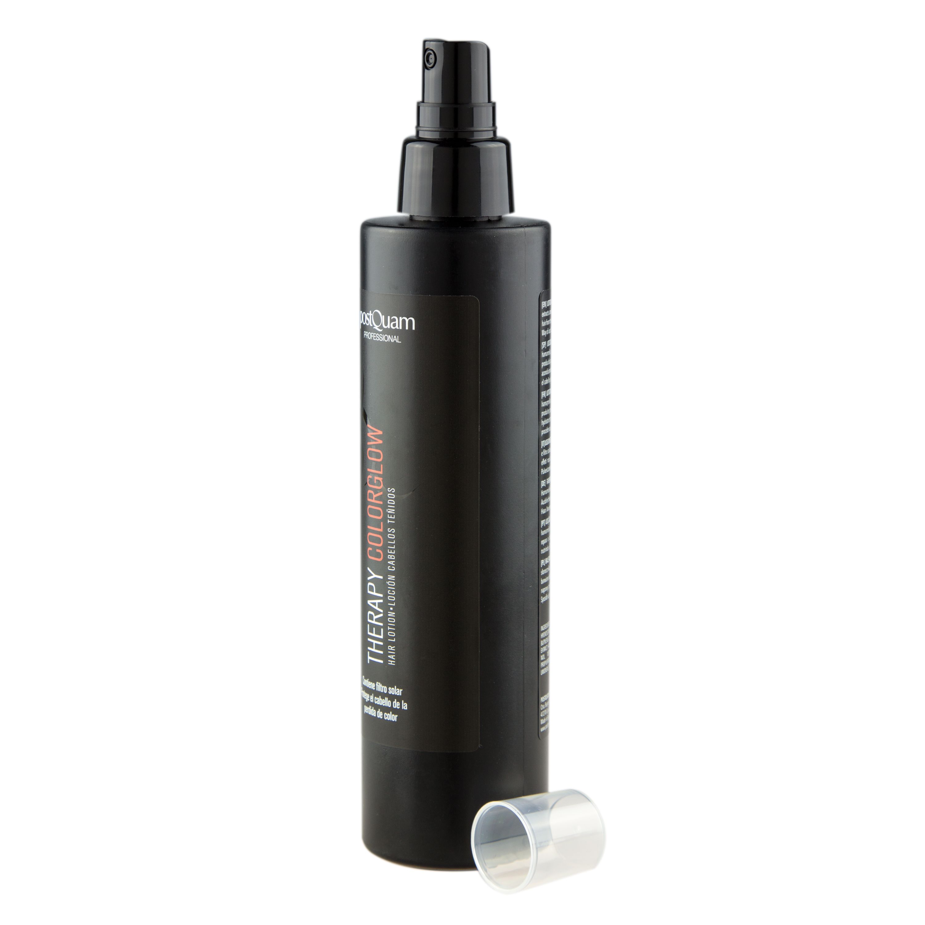 Schwarze Sprühflasche mit "postQuam PROFESSIONAL" und "THERAPY COLORGLOW". Deckel daneben. Enthält Filter, schützt vor Farbverlust.