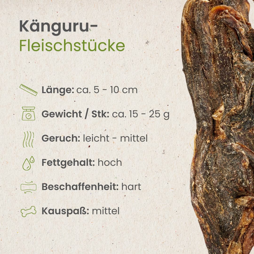 Getrocknete Känguru-Fleischstücke, braun und unregelmäßig geformt.