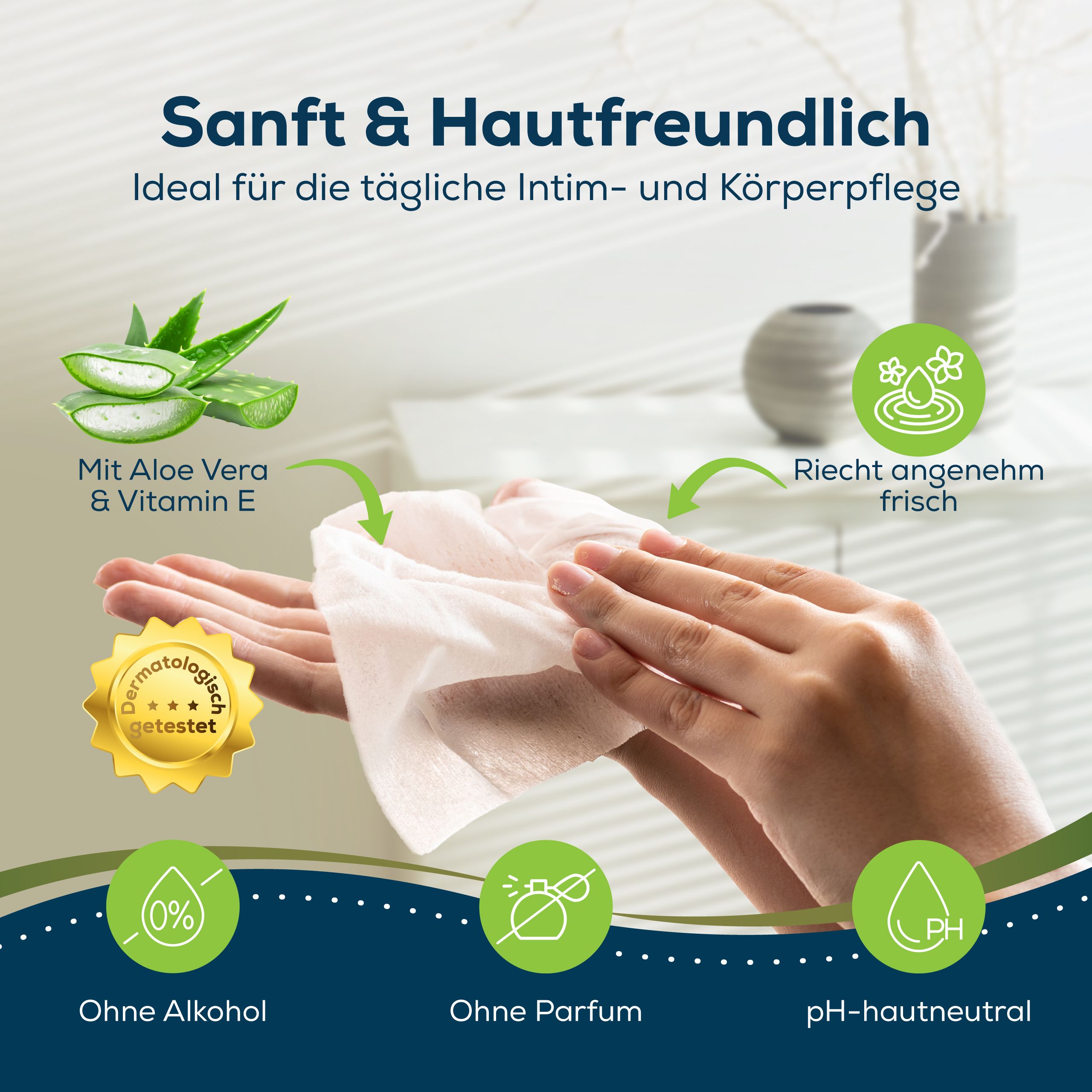 Feuchttuch in Hand, Aloe Vera und Vitamin E. Text: Sanft & hautfreundlich, dermatologisch getestet, ohne Alkohol, ohne Parfum.