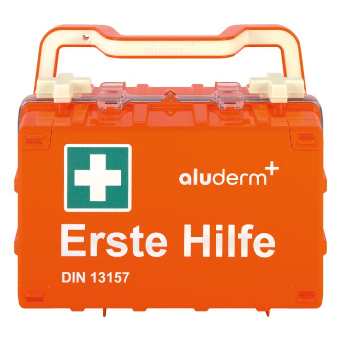 Orange Erste Hilfe Kasten mit weißem Kreuz und 'aluderm+' Schriftzug. DIN 13157.
