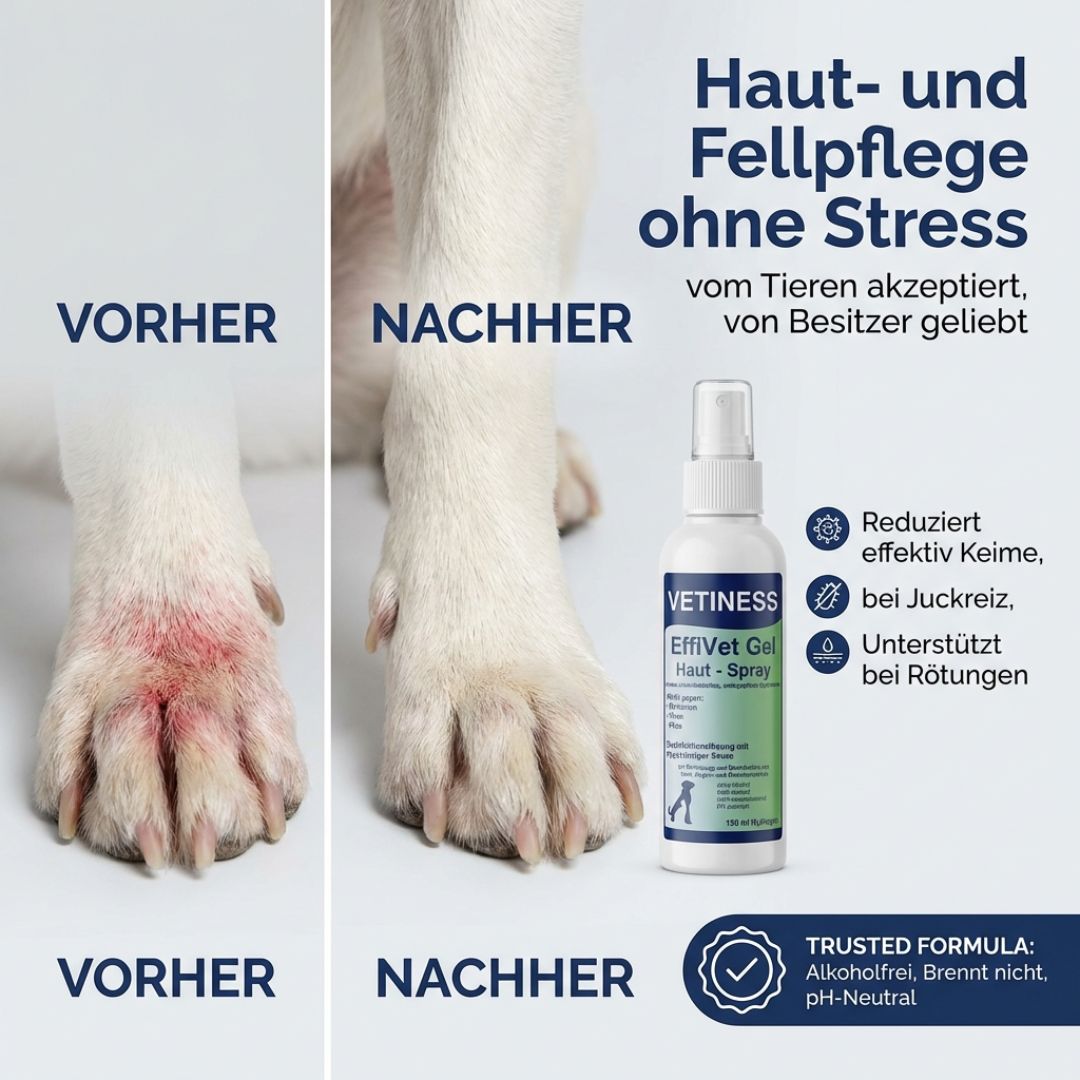 Hautspray-Flasche neben Hundepfoten. Vorher: gerötete Pfote. Nachher: gesunde Pfote. Text: Haut- und Fellpflege ohne Stress.