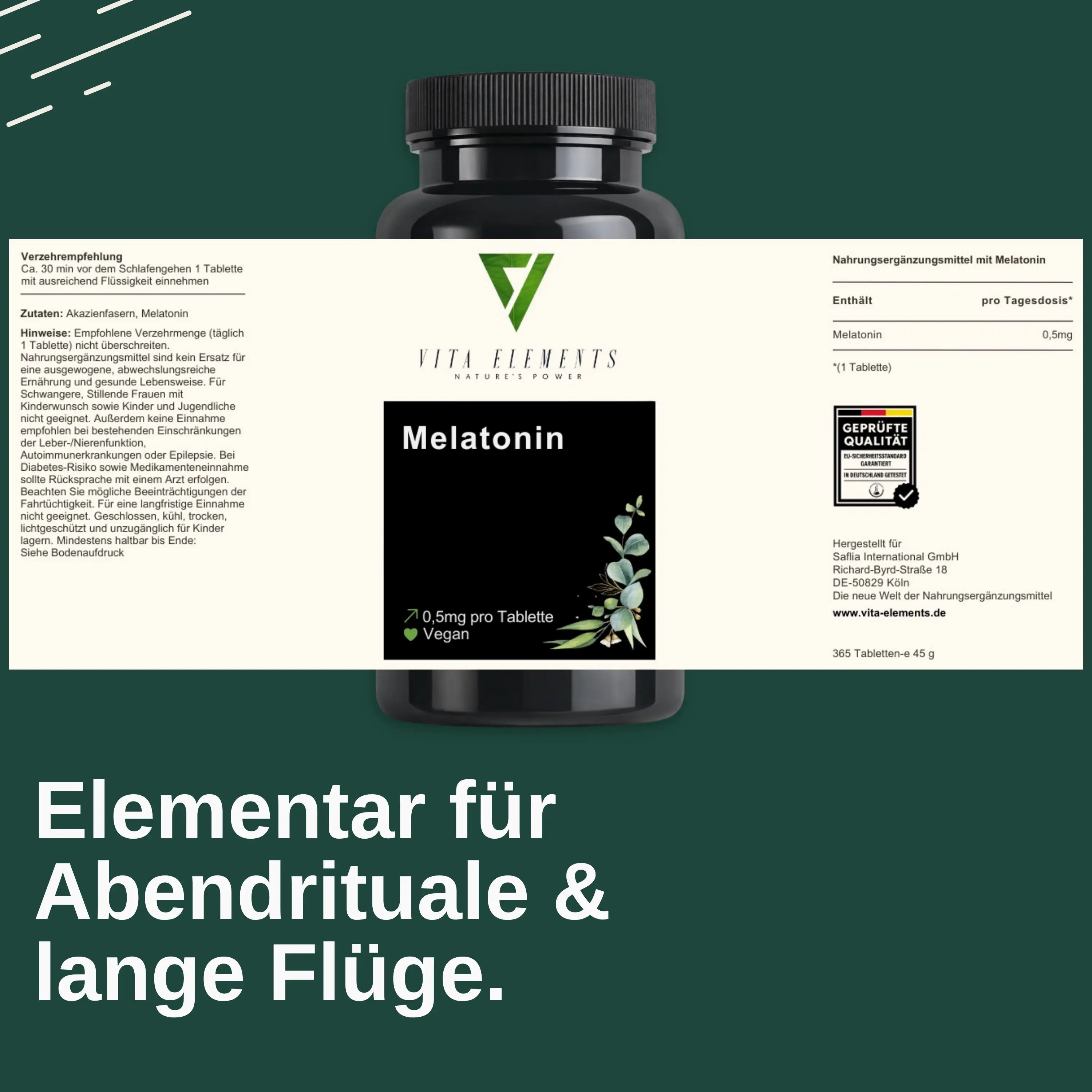 Etikett einer Dose Melatonin-Tabletten. "Geprüfte Qualität". "Elementar für Abendrituale & lange Flüge".