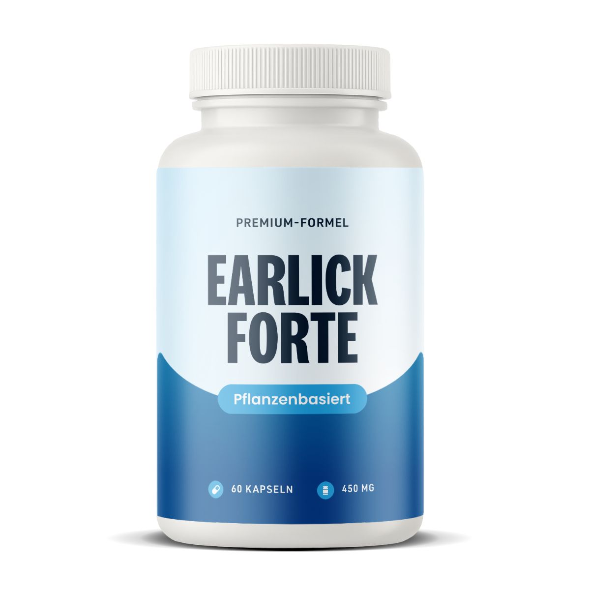 Weiße Flasche mit Kapseln. Aufschrift: EARLICK FORTE, Pflanzenbasiert. 60 Kapseln, 450 mg.