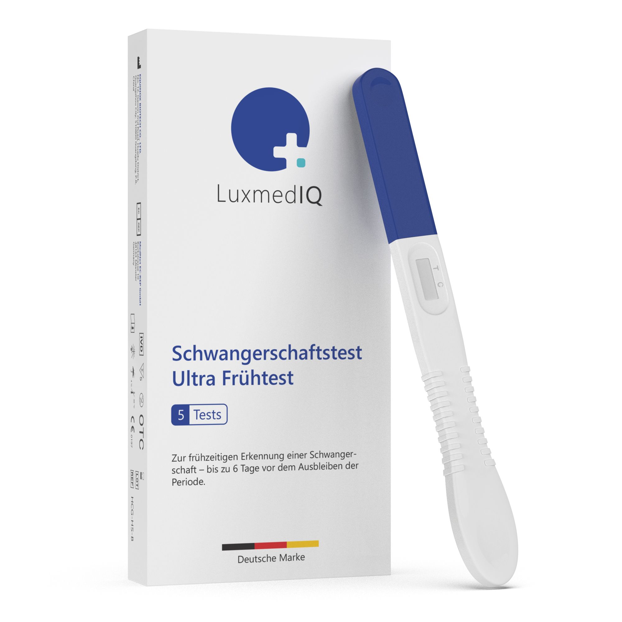 Verpackung und Teststab. Auf der Verpackung steht: LuxmedIQ, Schwangerschaftstest Ultra Frühtest, 5 Tests. Der Teststab ist weiß mit blauem Griff.