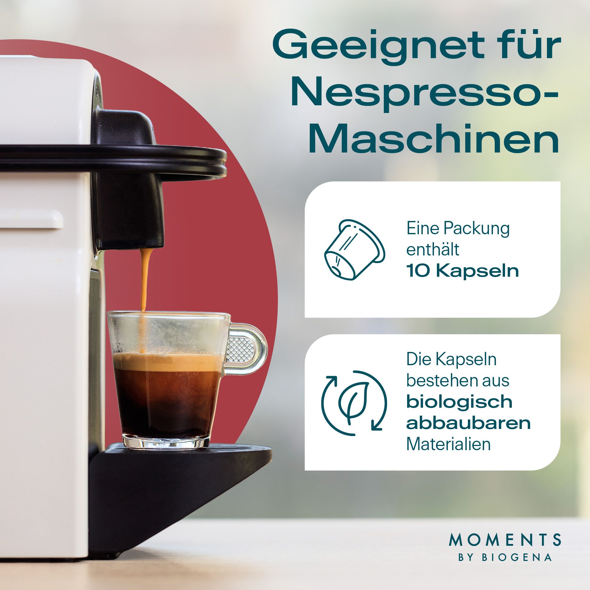 Kaffeemaschine mit Kaffee, der in ein Glas fließt. Text: Geeignet für Nespresso-Maschinen. 10 Kapseln.