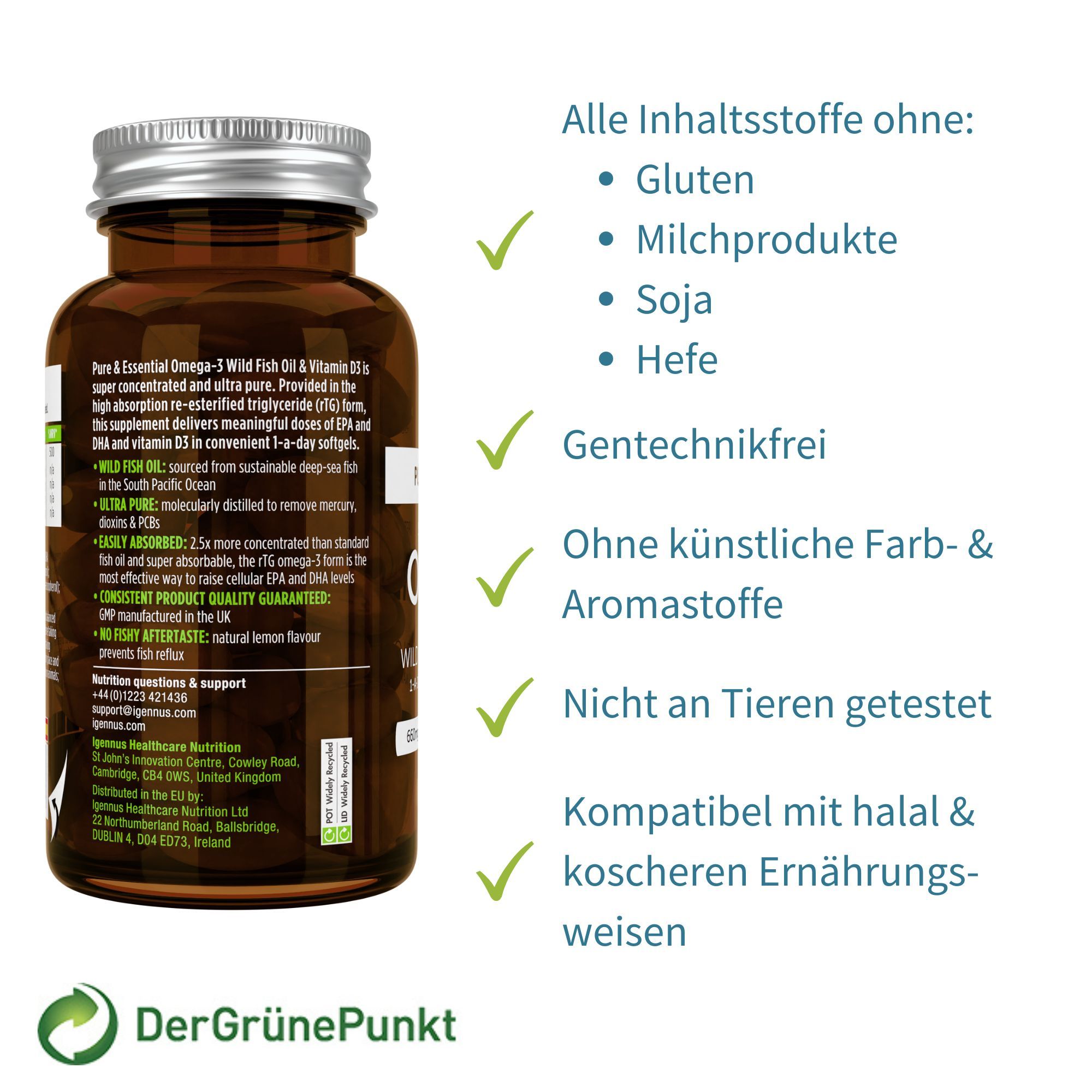 Igennus Omega-3 Fischöl mit D3 1000 IE, 1-mal täglich, IFOS-zertifiziert