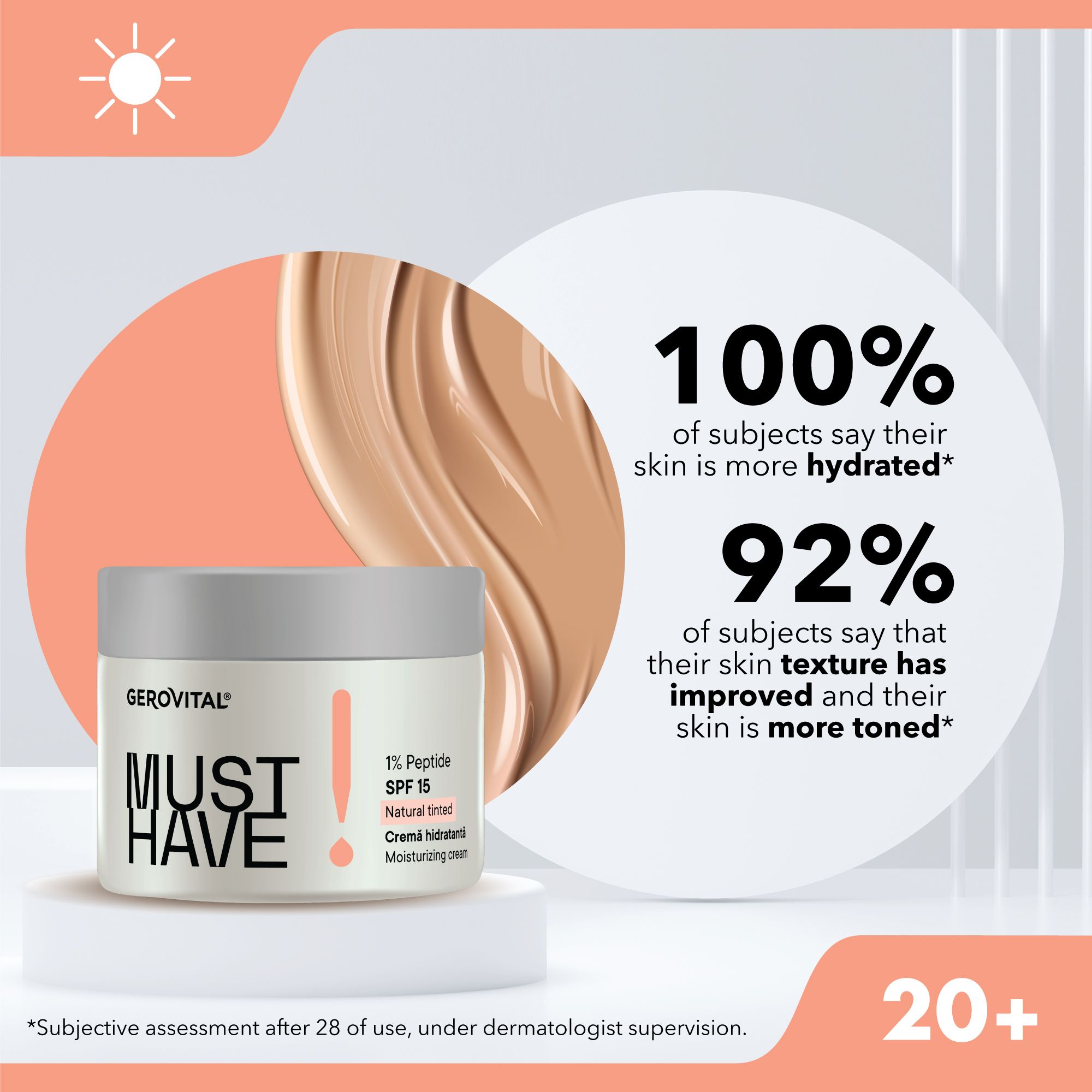 Creme-Tiegel auf Podest. Text: 100% of subjects say their skin is more hydrated, 92% say that their skin texture has improved. Creme-Textur.