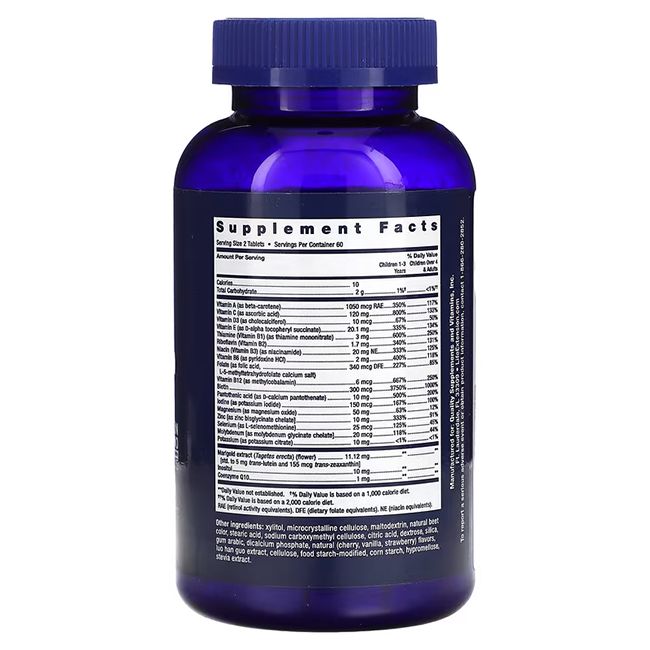 Blaue Flasche mit Tabletten. Aufschrift: Supplement Facts. Enthält Vitamine und Mineralstoffe. 60 Portionen.