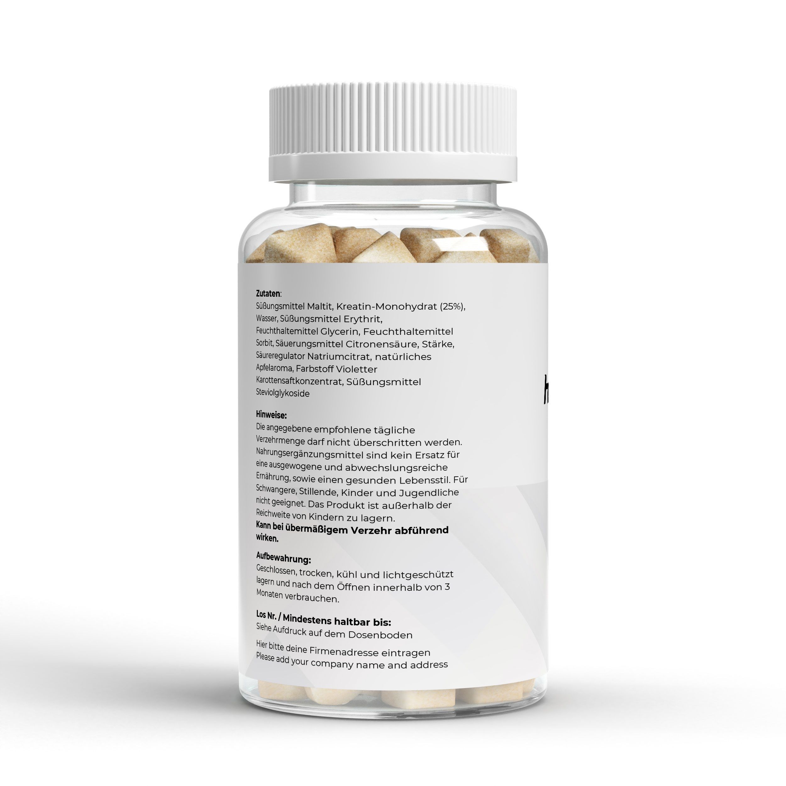 Transparente Dose mit weißen Deckel. Rückseite mit Zutatenliste und Anwendungshinweisen. Inhalt: Gummies.