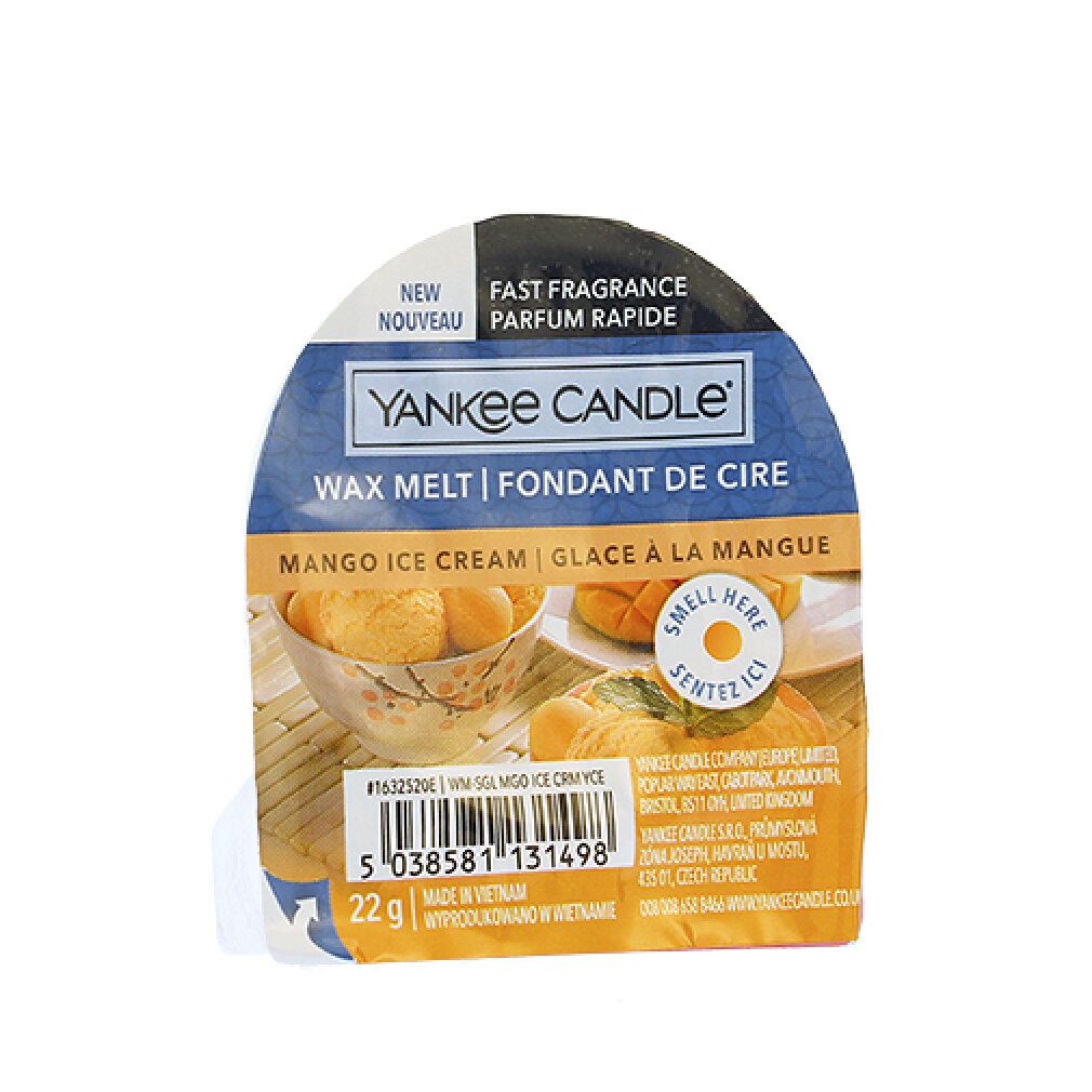 Yankee Candle Wax Melt Mango Ice Cream. Ovale Verpackung mit Produktbild. Text: "Fast Fragrance", "Wax Melt", "Mango Ice Cream".