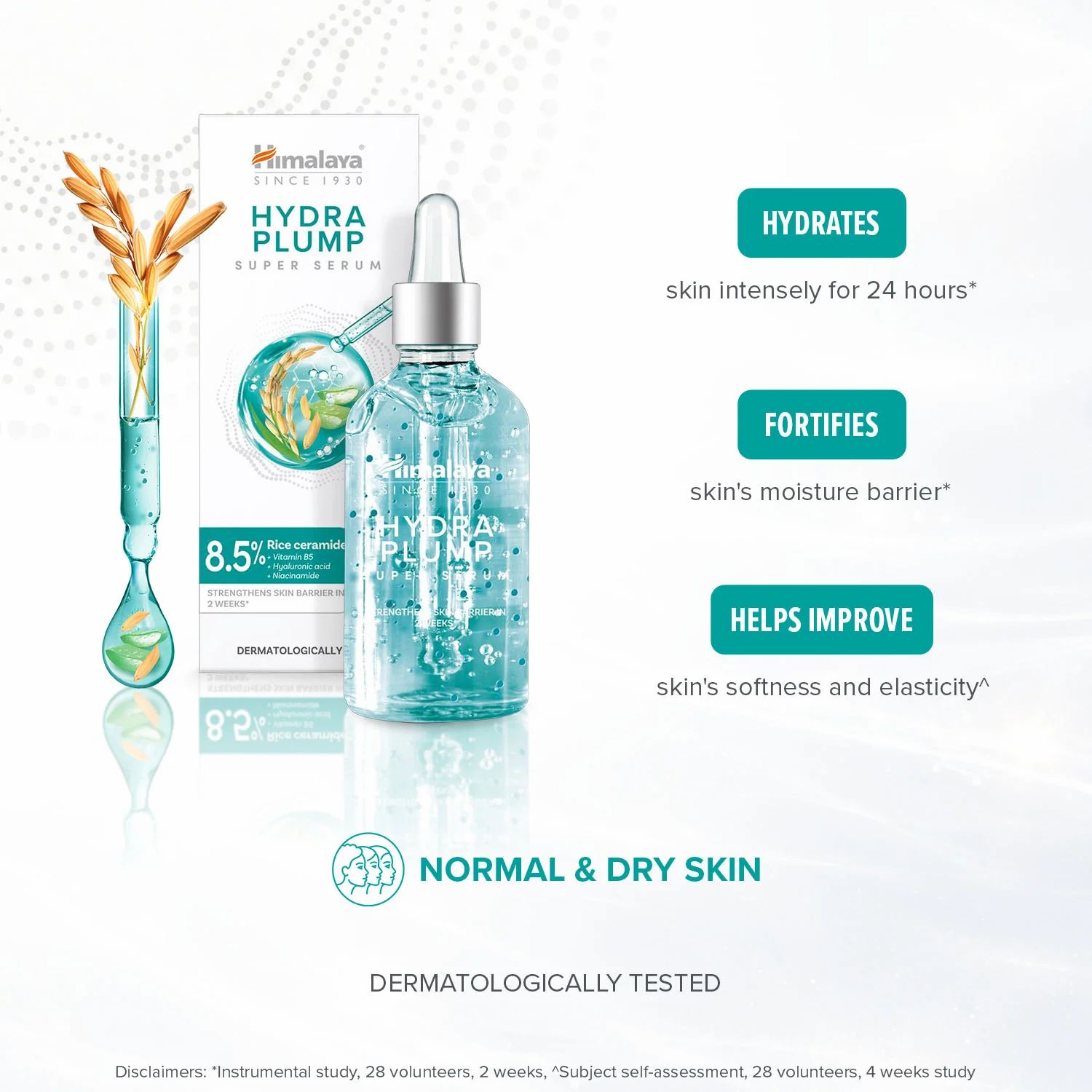 Serumflasche mit Pipette. Aufschrift: Hydra Plump Super Serum. Eigenschaften: hydratisiert, stärkt die Feuchtigkeitsbarriere, verbessert die Hautelastizität.