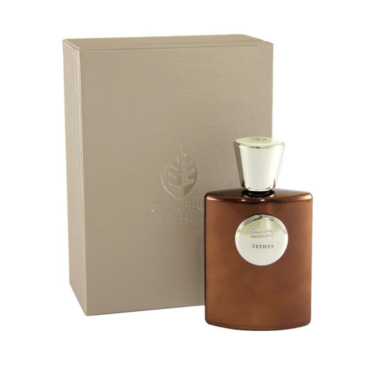 Braune Flasche mit silbernem Verschluss und Verpackung. Aufkleber "TETHYS".