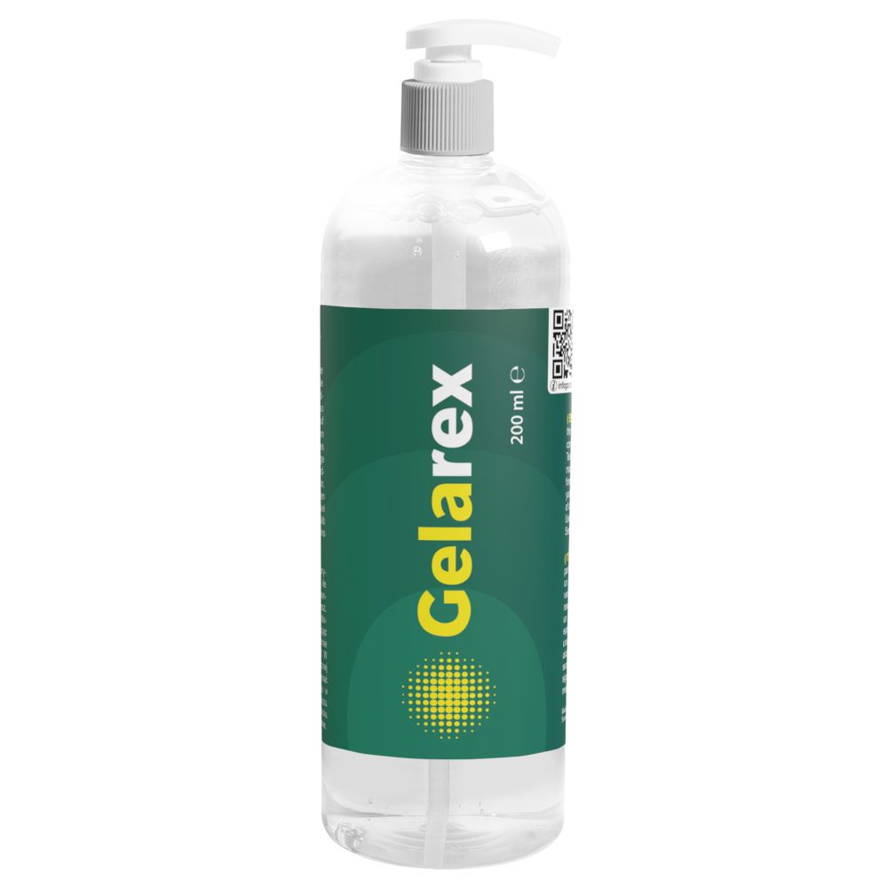 Transparente Flasche mit Dosierpumpe. Aufschrift Gelarex und 200 ml.