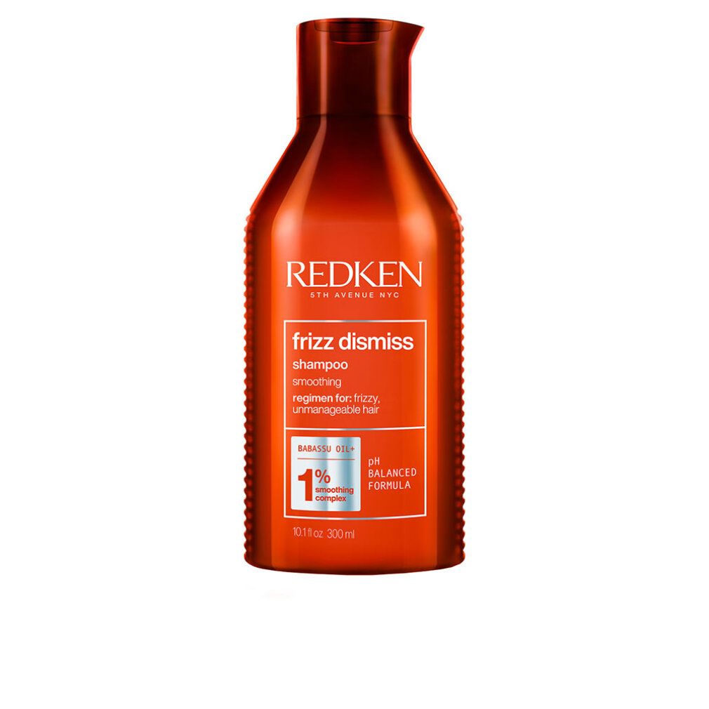 Rote Redken Frizz Dismiss Shampoo Flasche. Enthält Text: Shampoo, pH-ausgewogene Formel, 1% Smoothing Complex.