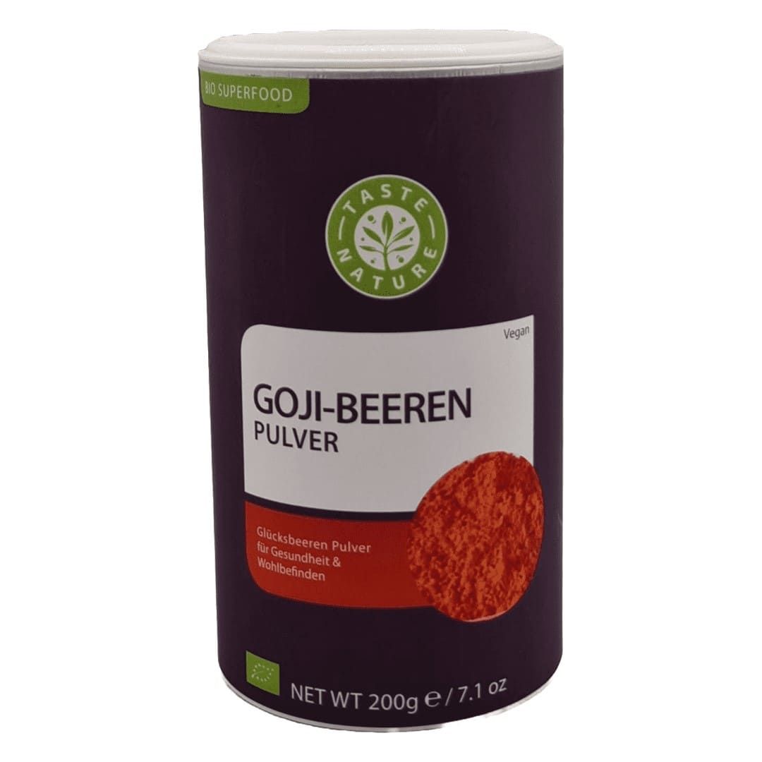 Zylindrische Dose mit Goji-Beeren-Pulver. Aufschrift: GOJI-BEEREN PULVER. Logo: Taste Nature. Netto 200g/7.1 oz. Bio Superfood.