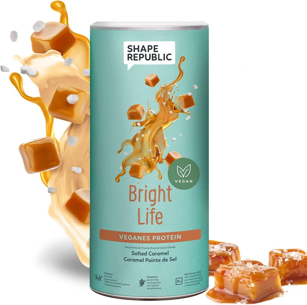 Zylindrische Dose mit "Bright Life" und "Veganes Protein" Aufdruck. Karamell-Darstellung. Vegan-Siegel.