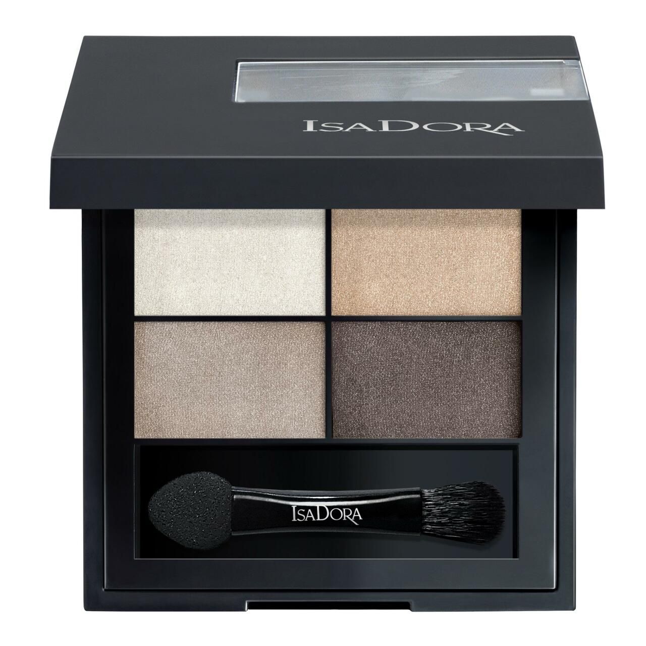 IsaDora Eyeshadow Quartet. Schwarze Palette mit vier Lidschattenfarben und Applikator. Markenname auf Palette und Applikator.