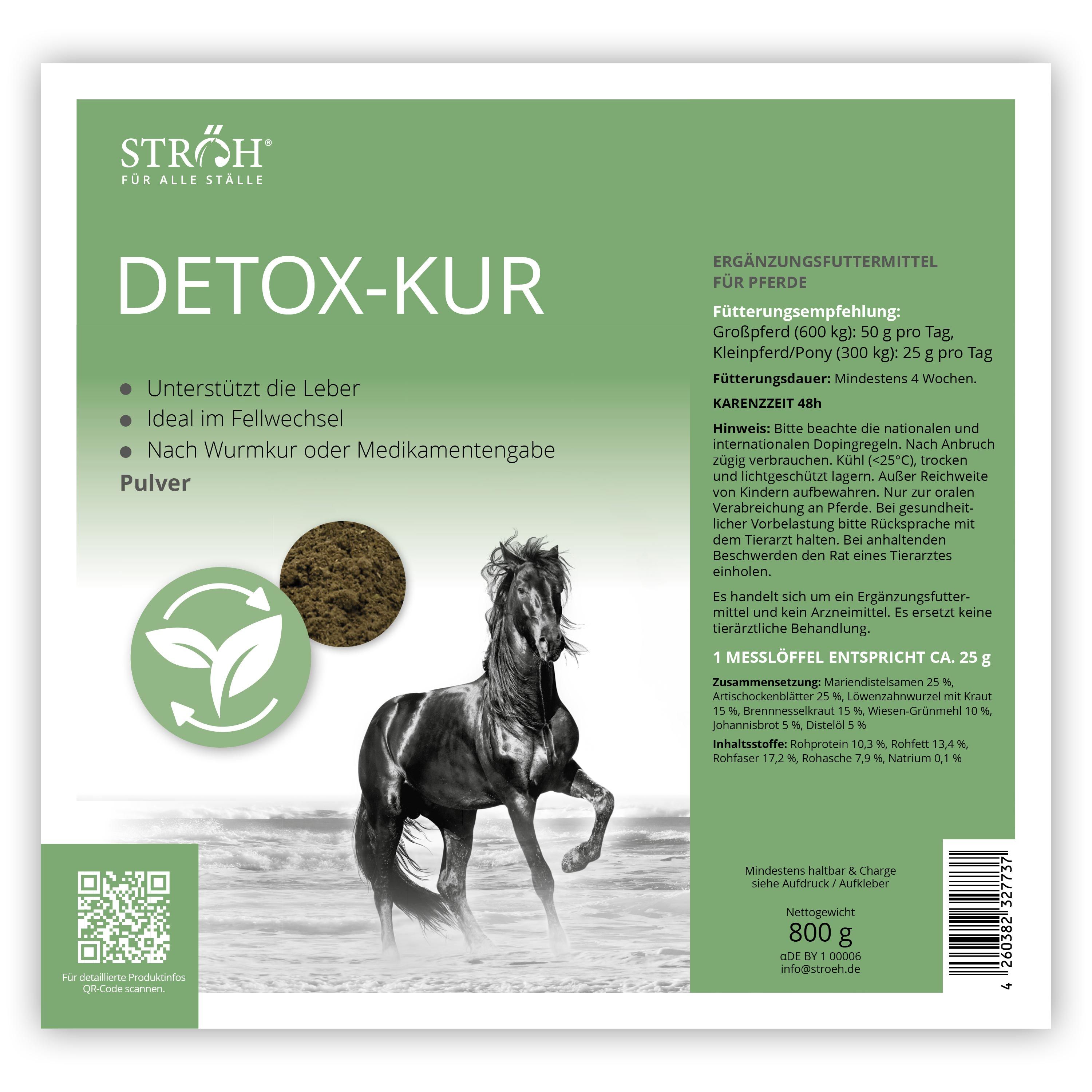 Ergänzungsfuttermittel für Pferde. Weißes Etikett mit Produktname, Logo, Inhaltsangaben und Abbildung eines Pferdes. 800g.