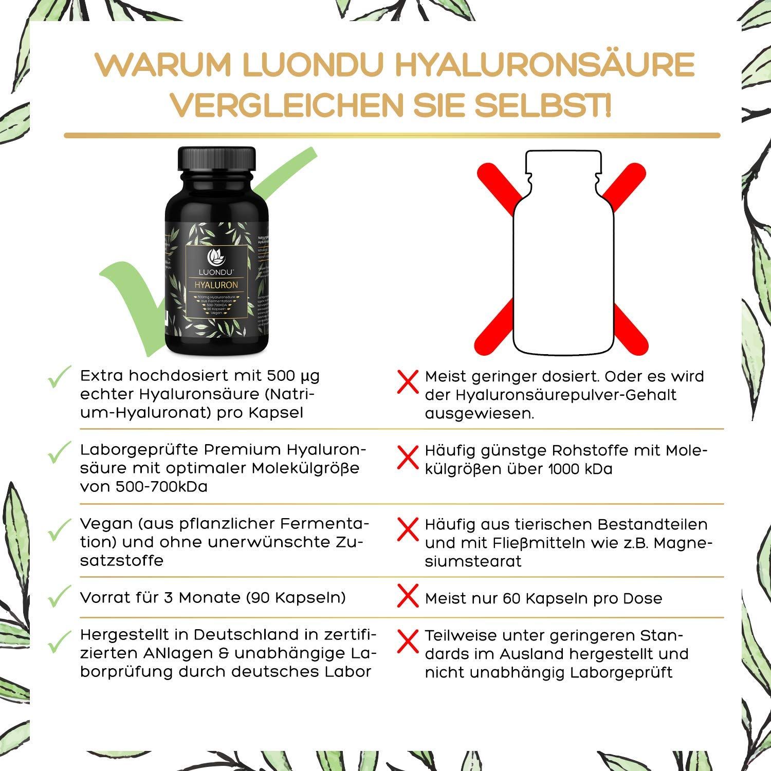 Hyaluron Hochdosiert - 90 Kapseln - 500mg Hyaluronsäure pro Kapsel - Luondu®