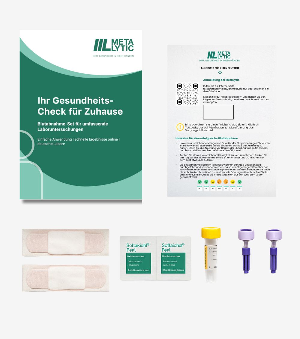 Set zur HbA1c-Blutentnahme. Enthält: Anleitung, Pflaster, Alkoholtupfer, Röhrchen, Lanzetten.