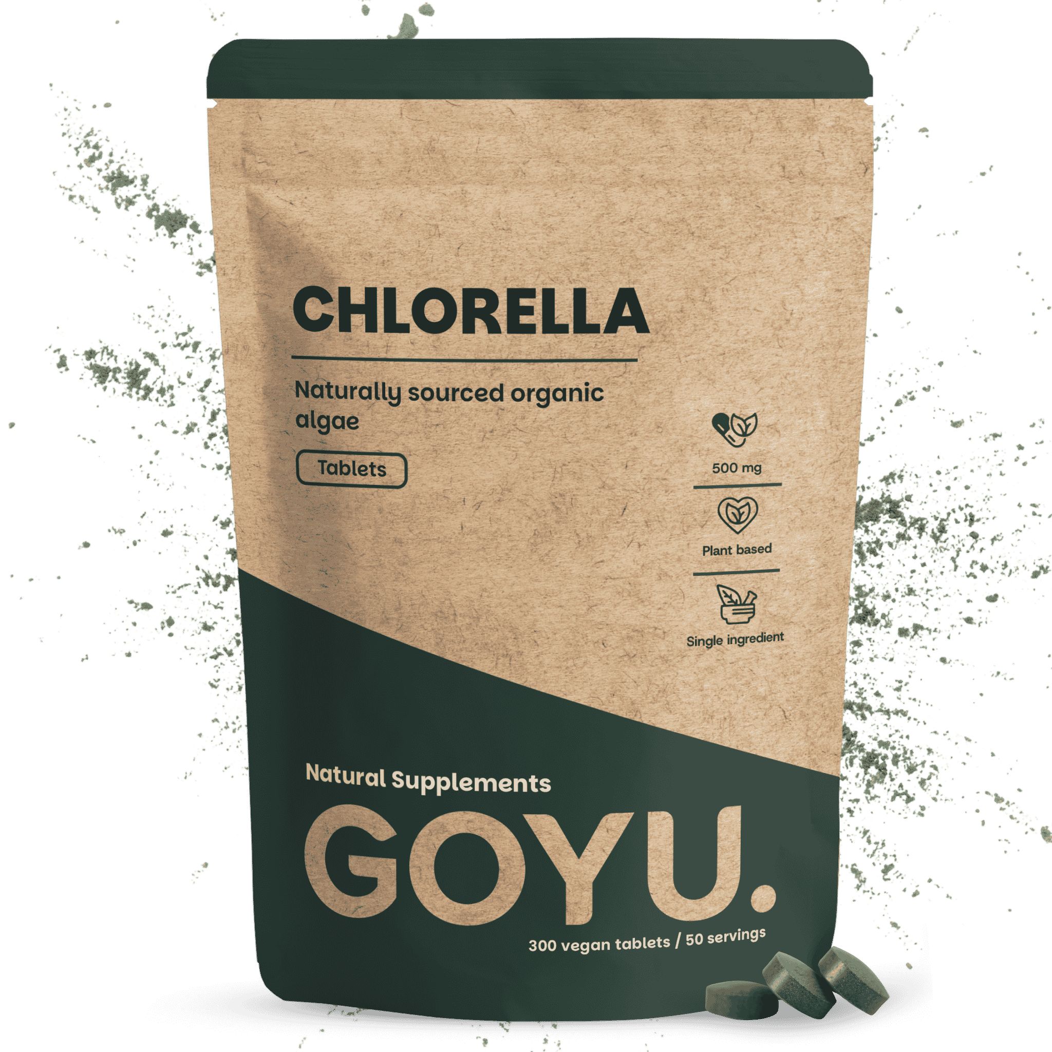 Braune Papiertüte mit Chlorella-Tabletten, 500 mg, Bio, 300 Stück.