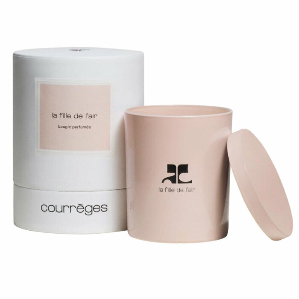 Rosa Duftkerze mit Deckel und Verpackung. Aufschrift: Courrèges, La Fille de l'air. Schwarzes Logo.