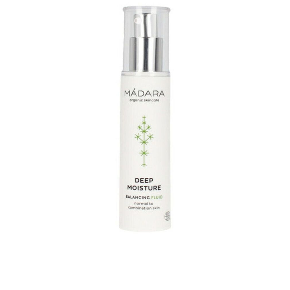 Weiße Flasche mit Pumpverschluss. Aufschrift: MÁDARA, Deep Moisture, Balancing Fluid. Mit grünen Pflanzenmotiven.