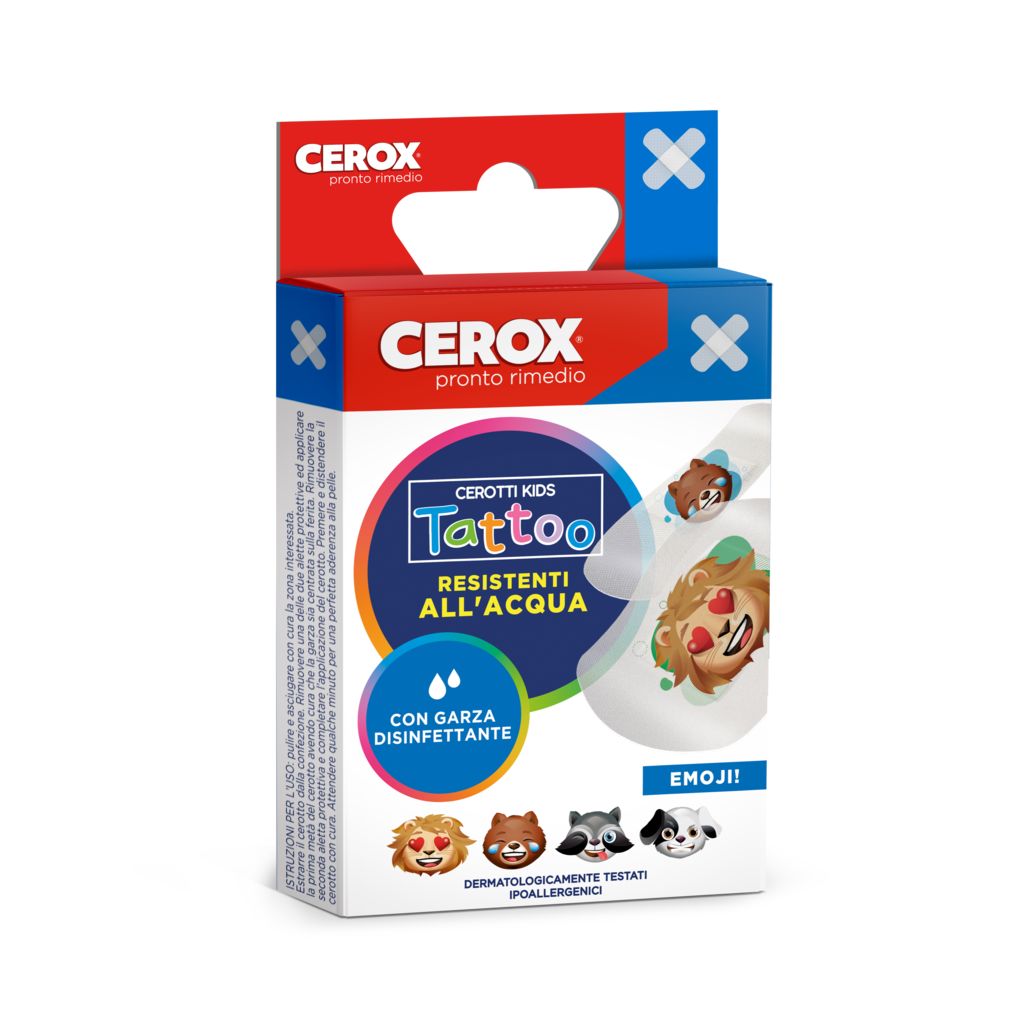 Cerox Cerotti Kids Tattoo, 20 pezzi – supporto in PE trasparente, garza antisettica, ipoallergenici