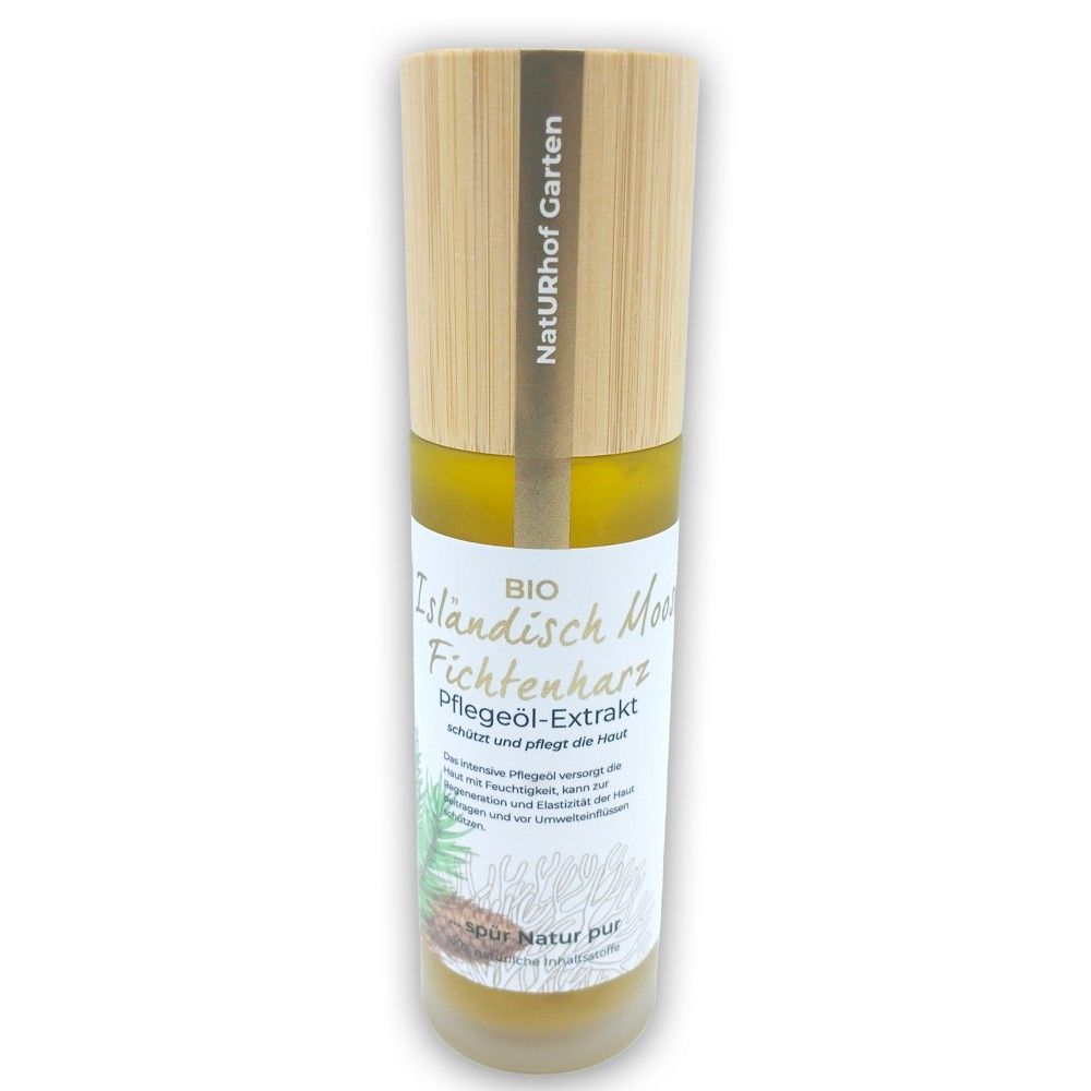 Zylindrische Flasche mit Holzverschluss. Aufschrift: BIO Isländisch Moos Fichtenharz Pflegeöl-Extrakt. Etikett mit Pflanzenabbildung.