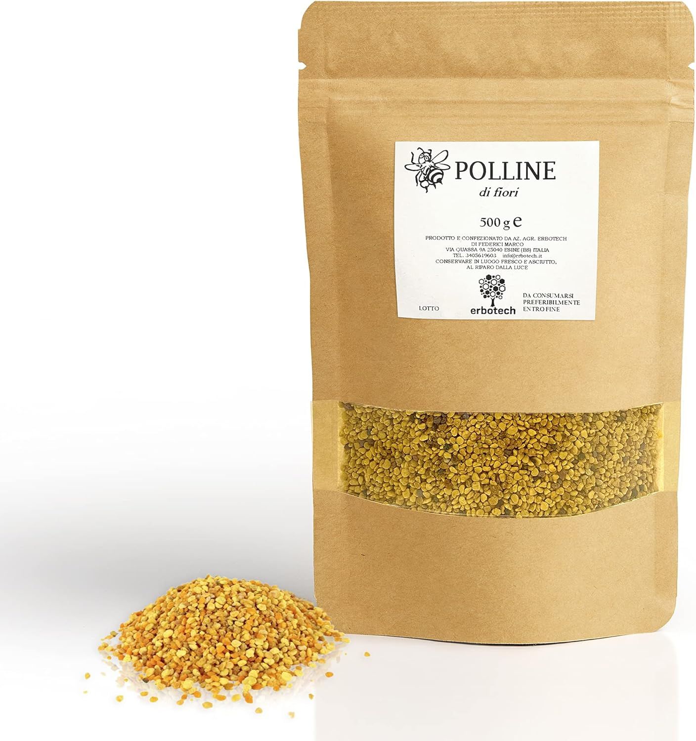 Beutel mit Pollen. Sichtfenster. Aufschrift: Pollen di fiori, 500 g e. Marke: erbotech.