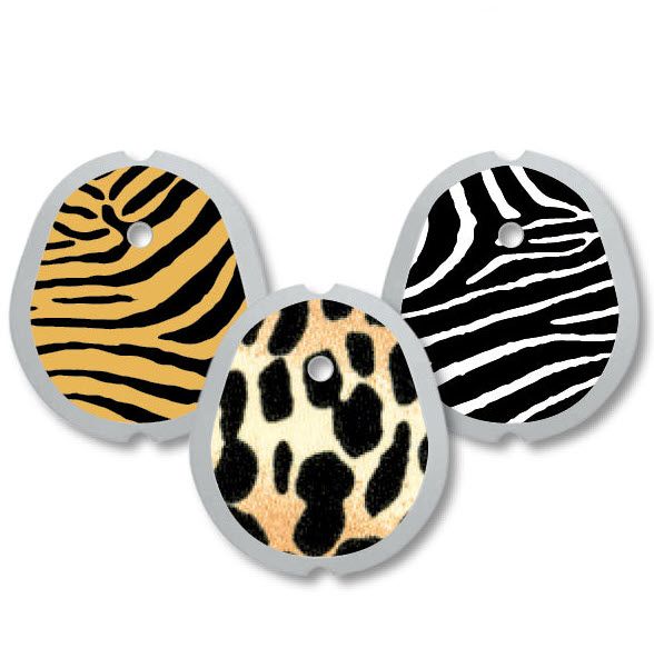 Drei Aufkleber mit Tiermuster. Zebra, Leopard und Tiger. Grauer Rand, Loch oben.