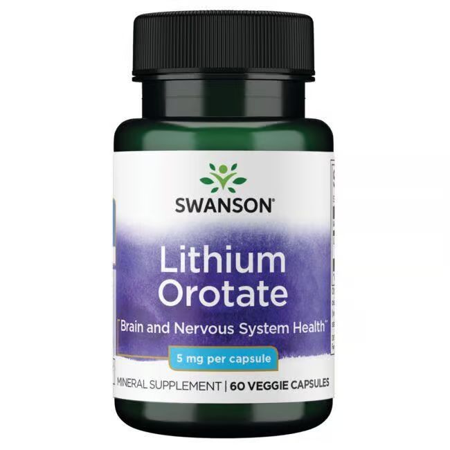 Grüne Flasche mit weißem Etikett. Aufschrift: SWANSON Lithium Orotate 5 mg. 60 Kapseln. Blaue und violette Akzente.