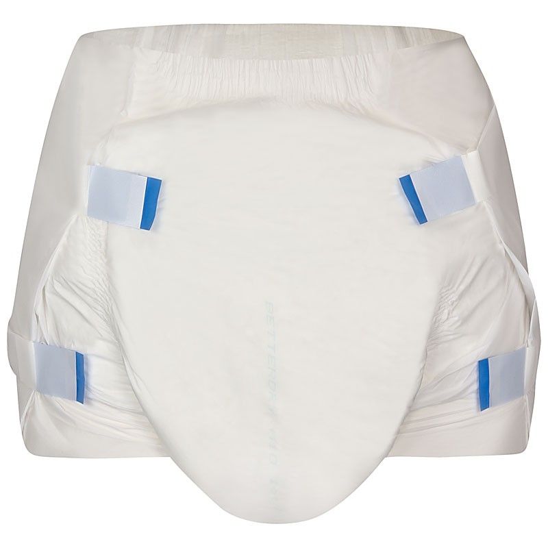 BetterDry M10 Windel für Erwachsene, Vorderseite. Weiß mit blauen Klebestreifen und Saugkern.