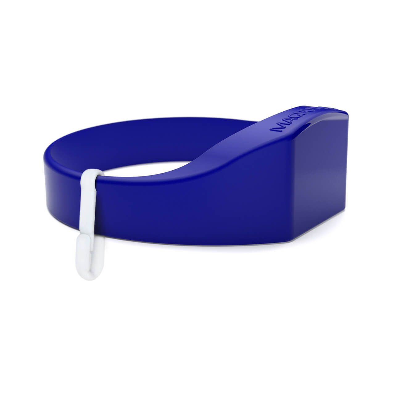 Blauer, magnetischer Flaschenhalter mit weißem Haken. Aufschrift MAGBUTLER.