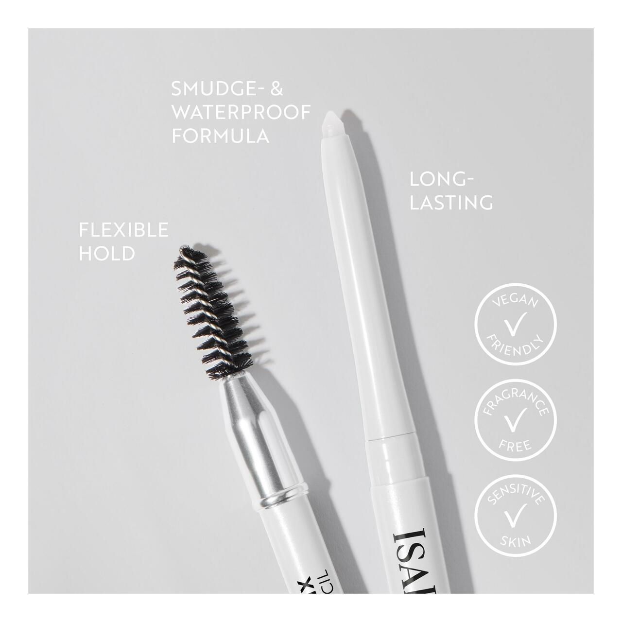 Zwei Augenbrauenstifte mit Bürsten. Vegan, parfümfrei, für empfindliche Haut. Marke IsaDora sichtbar.