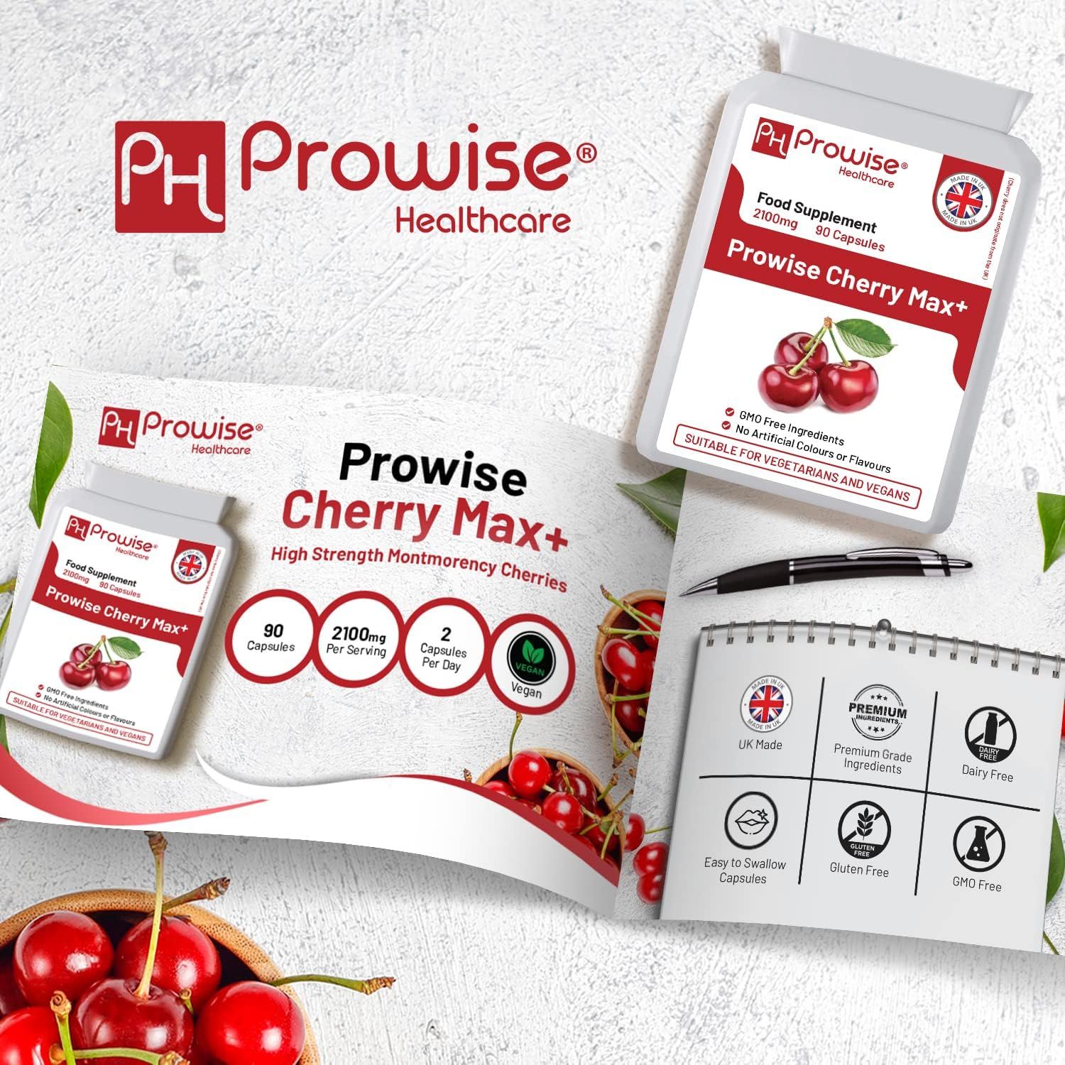 Produktpräsentation mit Prowise Cherry Max+ Kapseln, Verpackung und Kirschen. Enthält Informationen zu Inhaltsstoffen und Zertifizierungen.