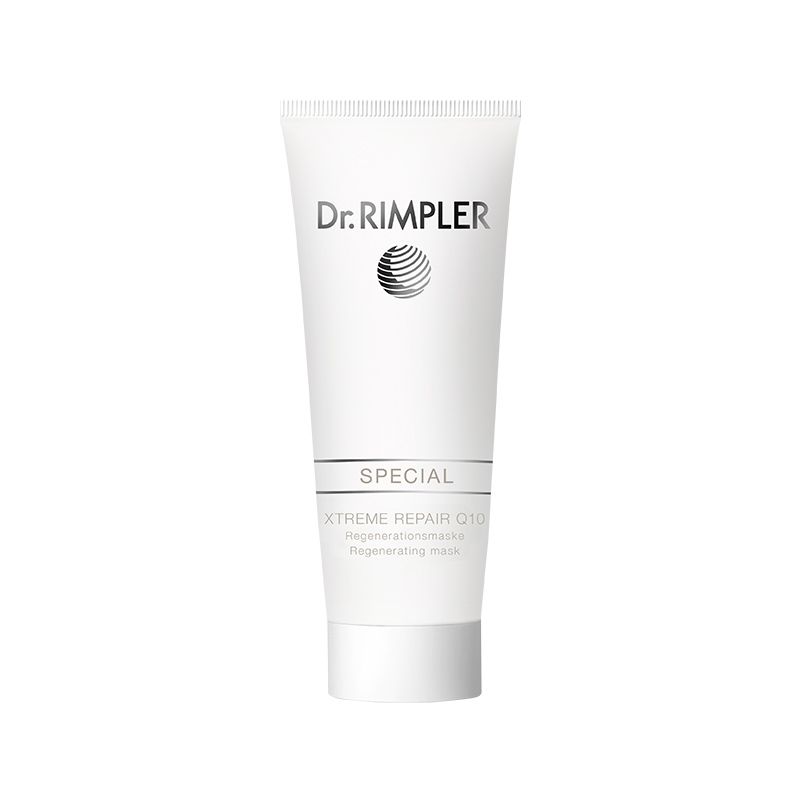 Weiße Tube mit Produkttext. Schriftzug: Dr. Rimpler, SPECIAL, XTREME REPAIR Q10. Regenerationmaske. Regenerating mask.