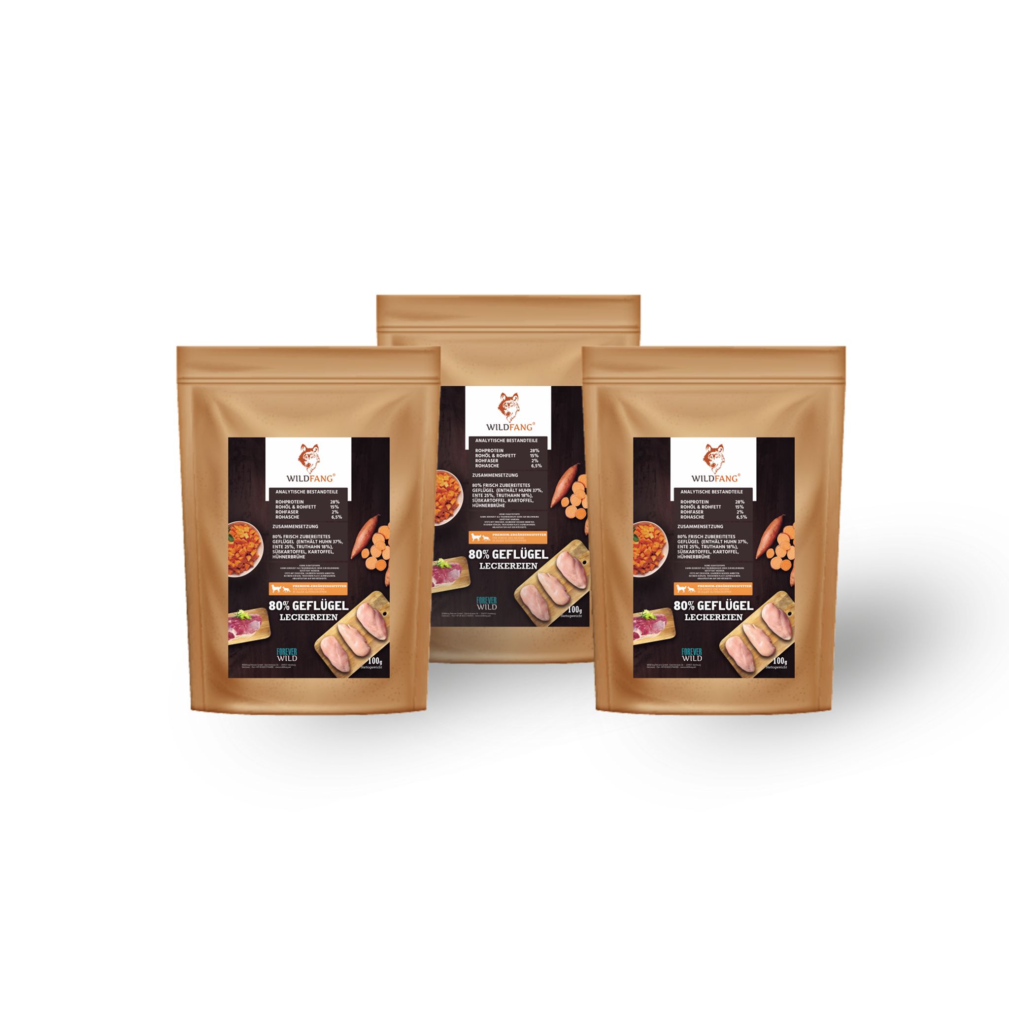 Drei Beutel mit Hundesnacks. Text: 80% Geflügel, getreidefrei. Wildfang Logo. Produktabbildung. Braune Verpackung.