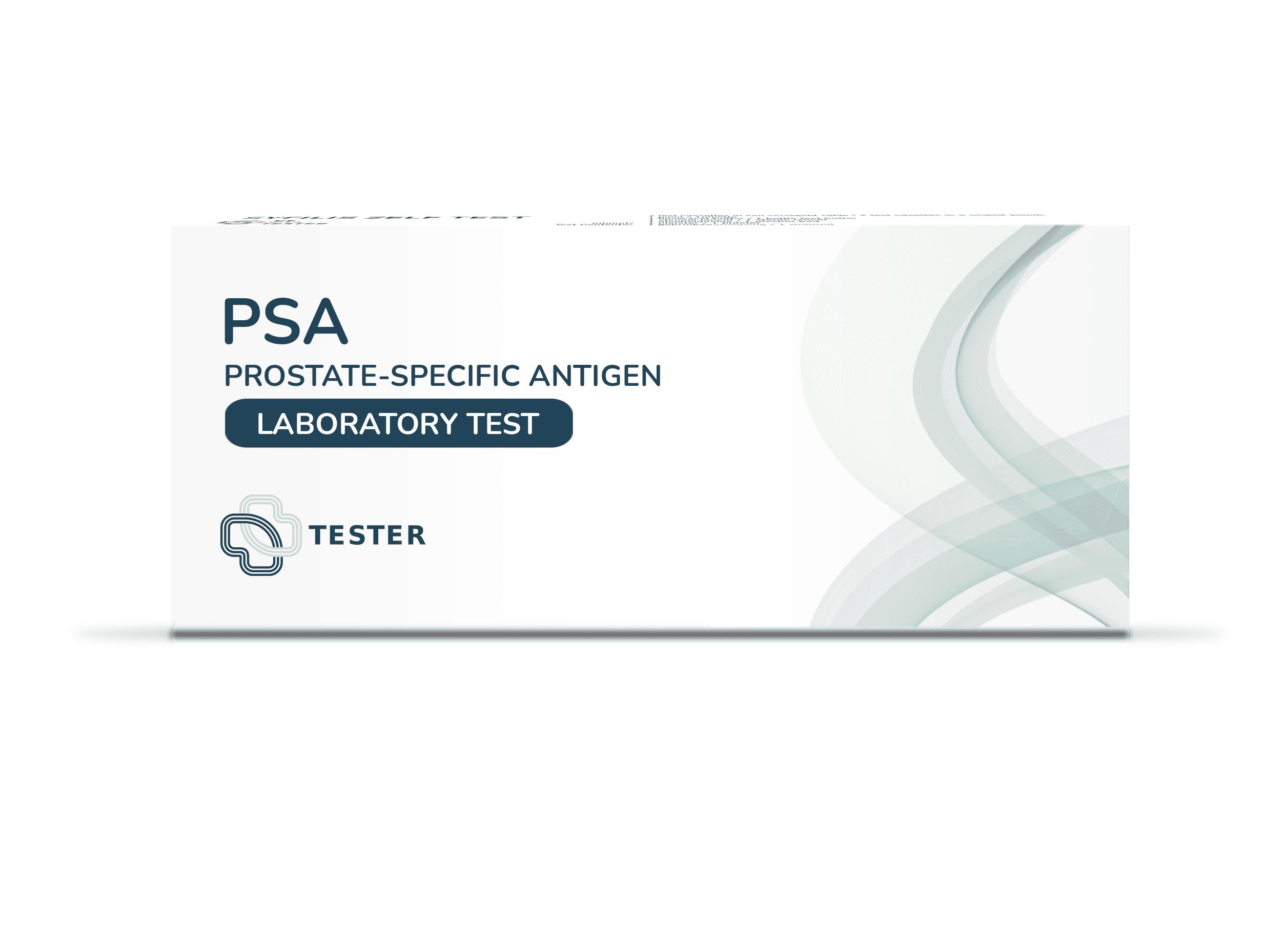 Kartonverpackung mit Aufschrift PSA, Prostata-spezifisches Antigen, Labortest. Logo und Schriftzug Tester.