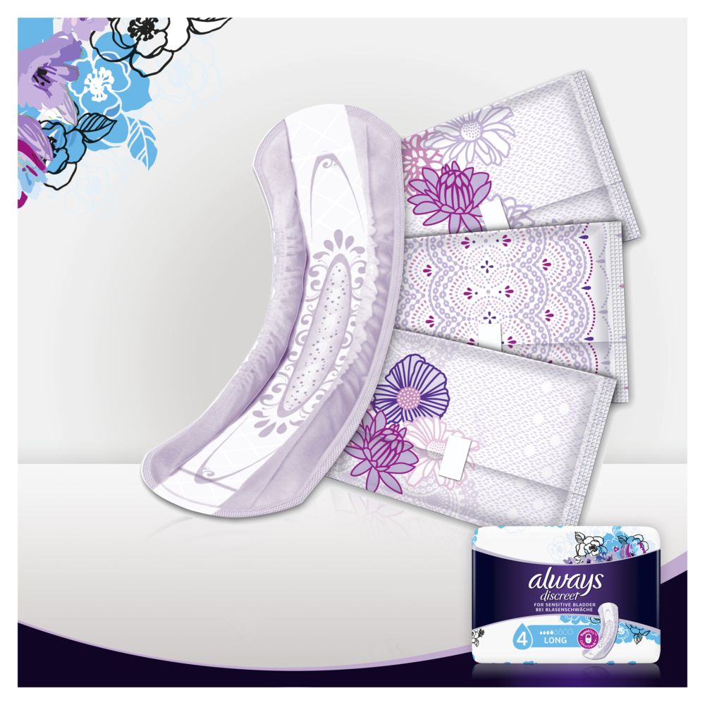 Always Discreet Long Plus Produkte und Verpackung. Mehrere Einlagen mit floralem Design.