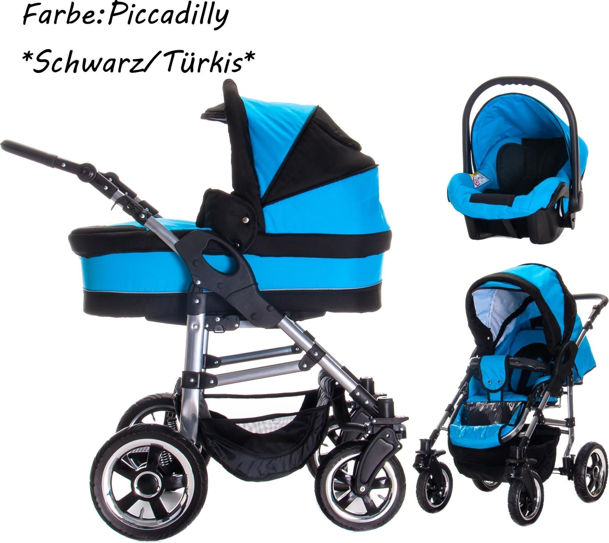 Kinderwagen-Set in Blau und Schwarz. Enthält Babywanne, Autositz und Buggy-Aufsatz. Luftreifen und Metallrahmen.