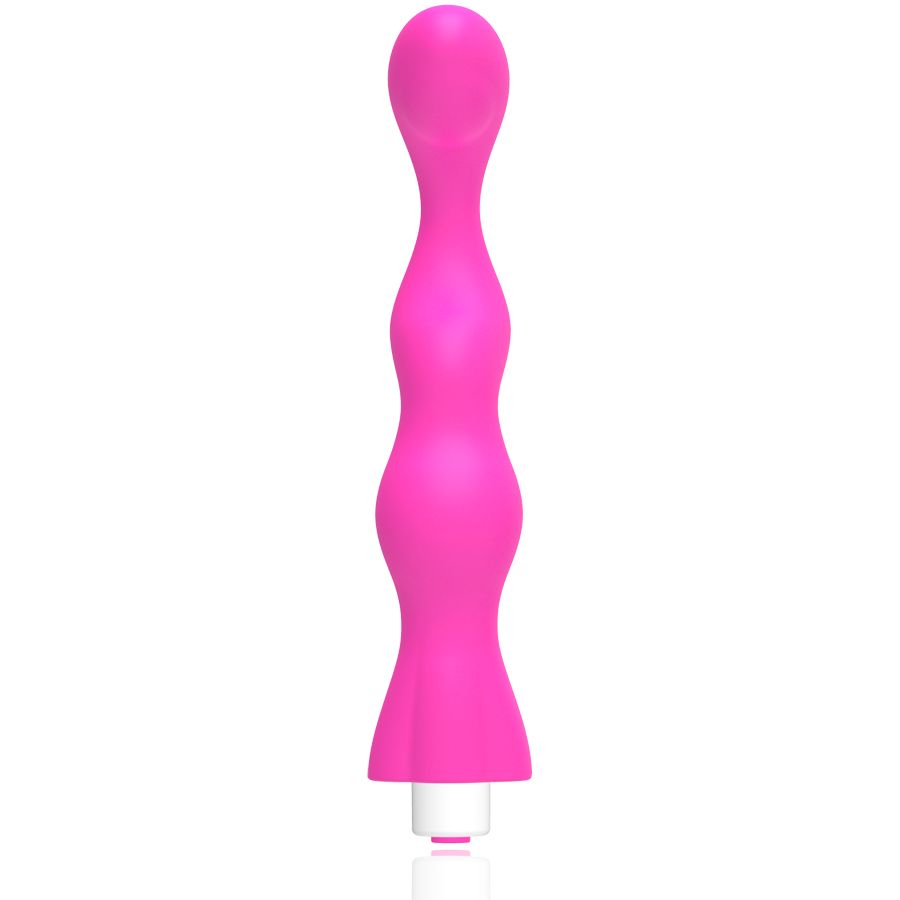 Pinkfarbener Vibrator mit wellenförmiger Form. Abgerundete Spitze und Basis. Weißes Ende mit Öffnung.