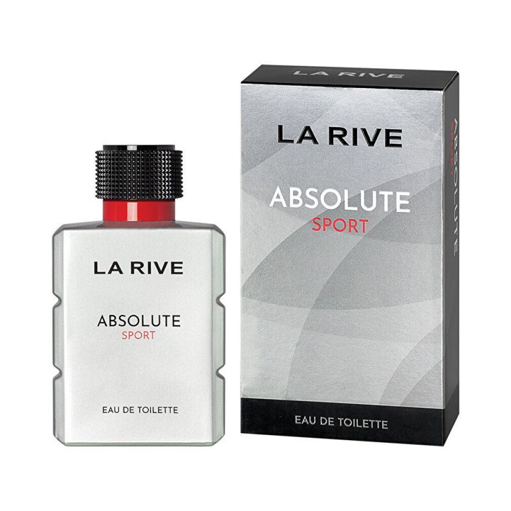 La Rive Absolute Sport Eau de Toilette, Flakon und Verpackung. Weißes Flakon mit schwarzem Verschluss und rotem Ring. Verpackung mit grauem Muster.
