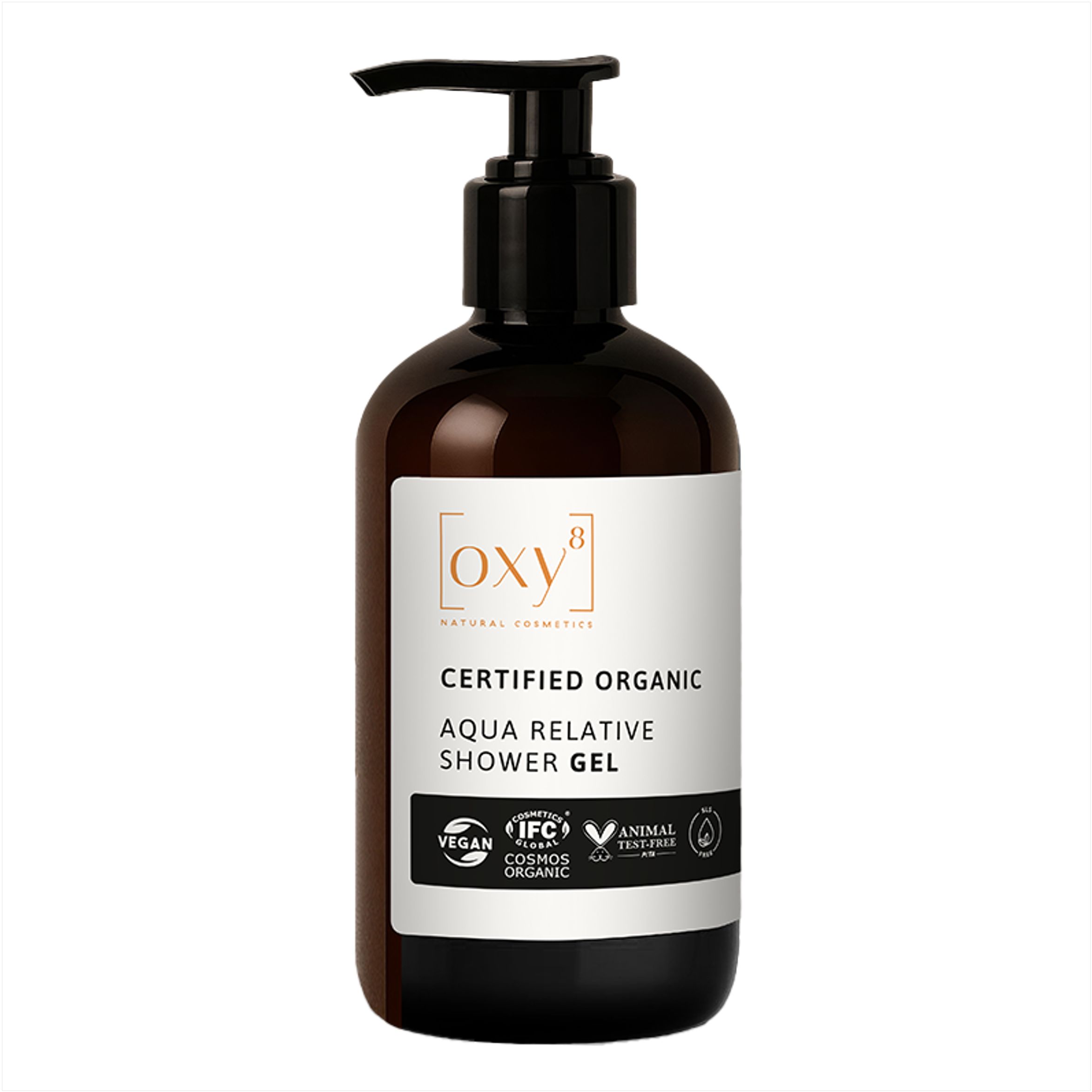 Braune Flasche mit schwarzem Pumpkopf. Weißes Etikett mit Text: oxy8, AQUA RELATIVE SHOWER GEL, Vegan-Siegel.
