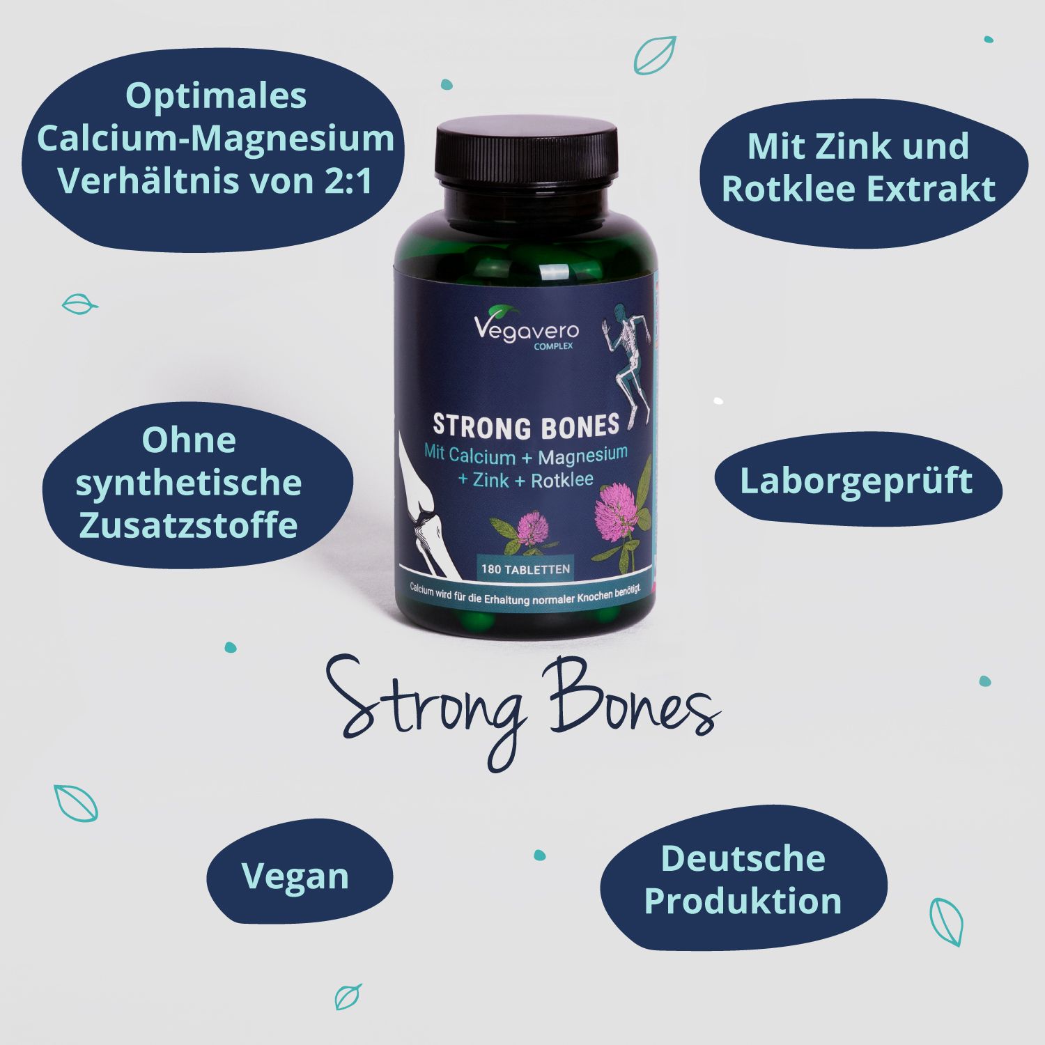 Grüne Flasche Strong Bones mit Infografiken. Aufschrift: Vegavaro, Strong Bones, 180 Tabletten. Enthält Calcium, Magnesium, Zink und Rotklee.